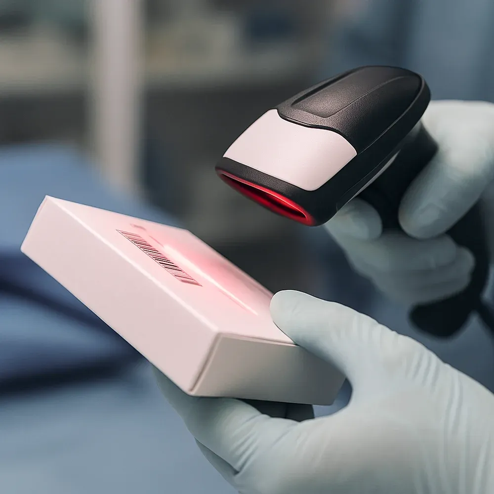 Médecin en train de scanner une boîte de dispositif cardiaque implantable